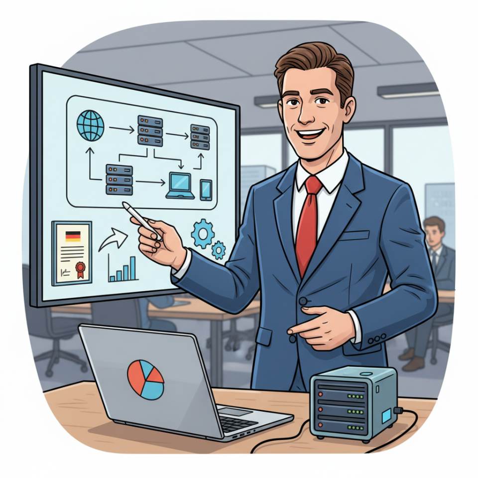 Comic-Darstellung eines Beraters mit Laptop, Notizblock und Präsentationsfolien im Gespräch mit Kunden
