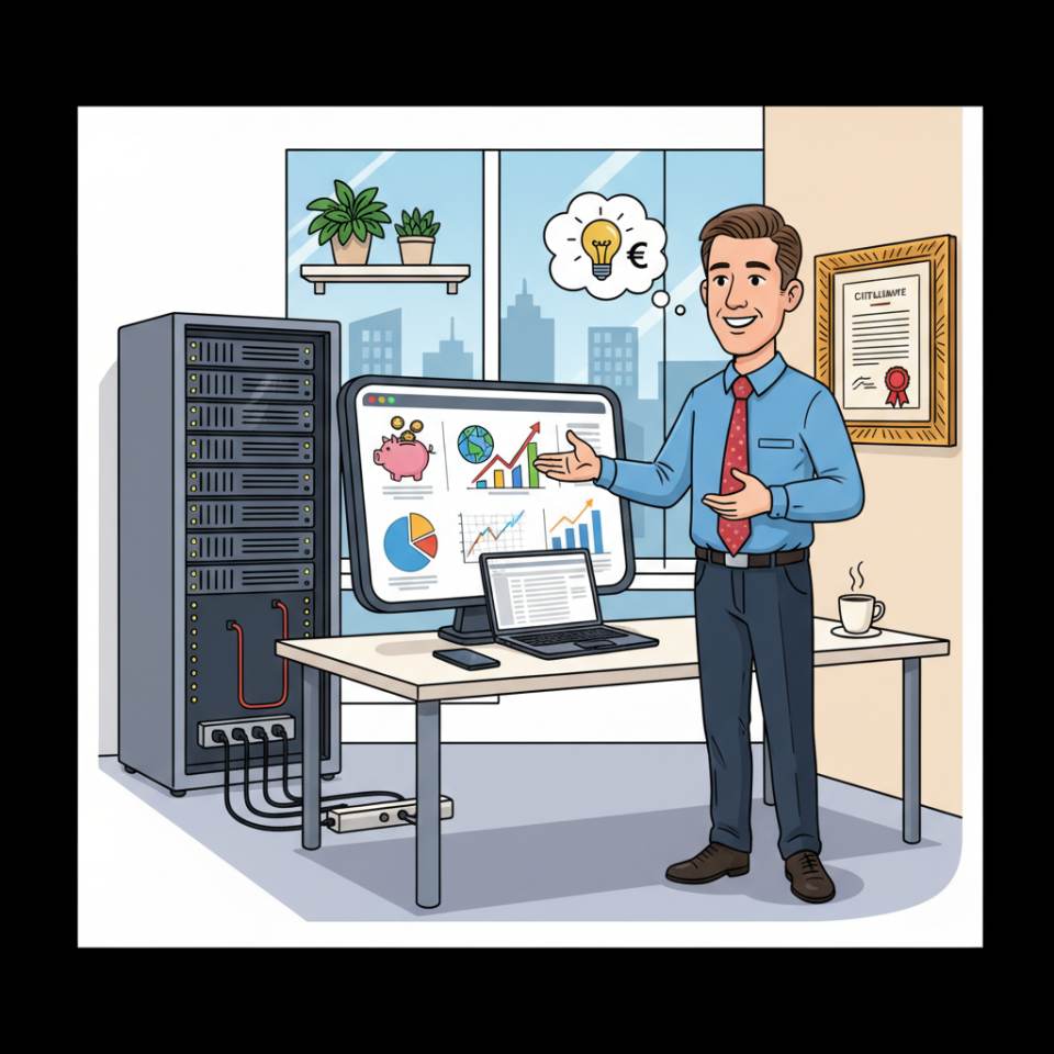 Comic-Darstellung einer kaufmännischen Leitung mit Laptop, Kennzahlen und Führungsteam im modernen Büro
