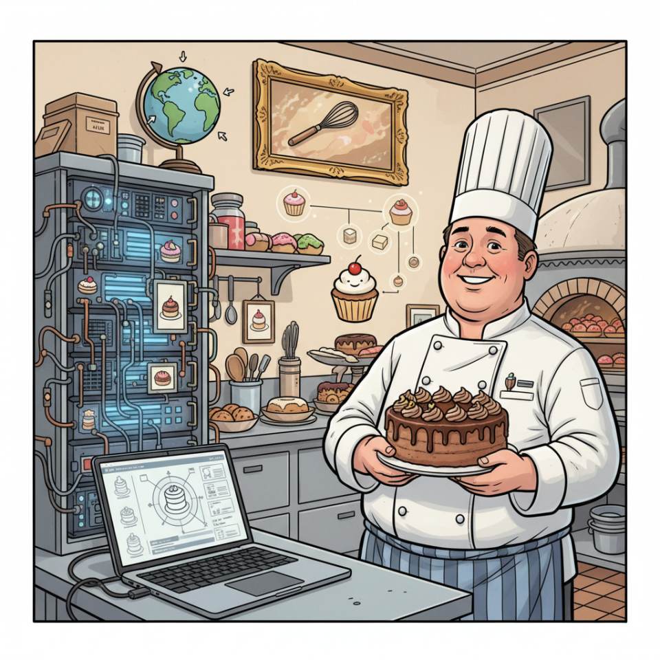 Comic-Darstellung eines Konditors mit Torte, Spritztüte und Pralinen in einer Konditorei