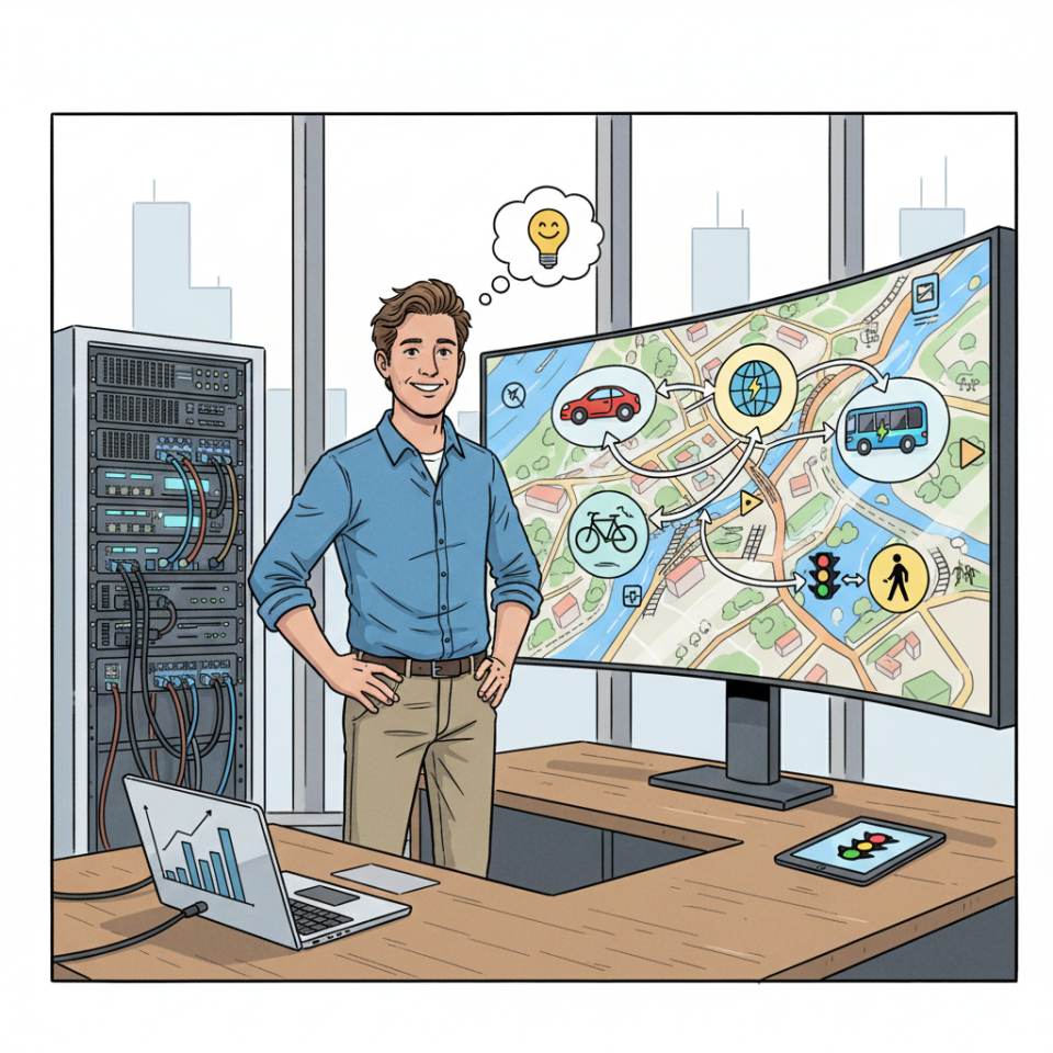 Comic illustration of a traffic planner with city map, traffic model and laptop in front of a junction with bus, bike and pedestrians