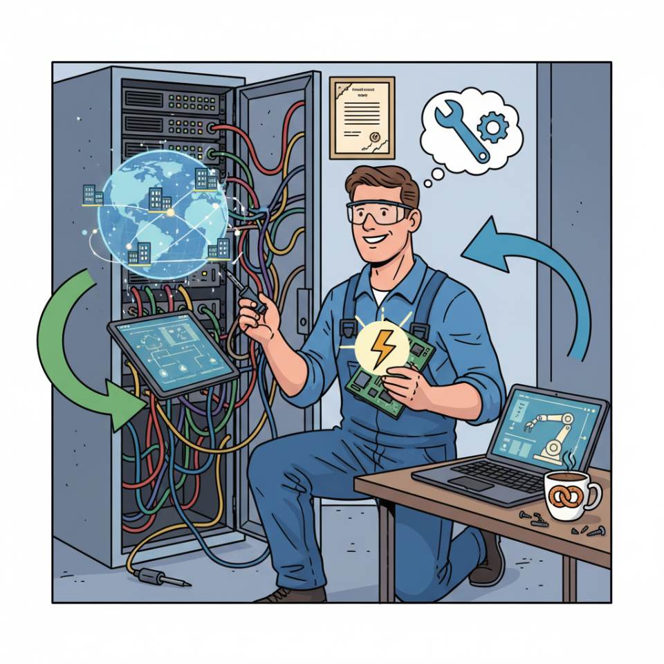 Endüstriyel bir tesiste çizimler, ölçüm cihazları ve planlarla bir teknisyenin çizgi roman tarzı illüstrasyonu